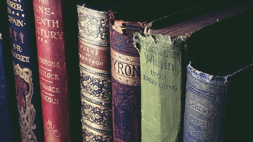 vintage photograph of six old classic literature books with worn covers
