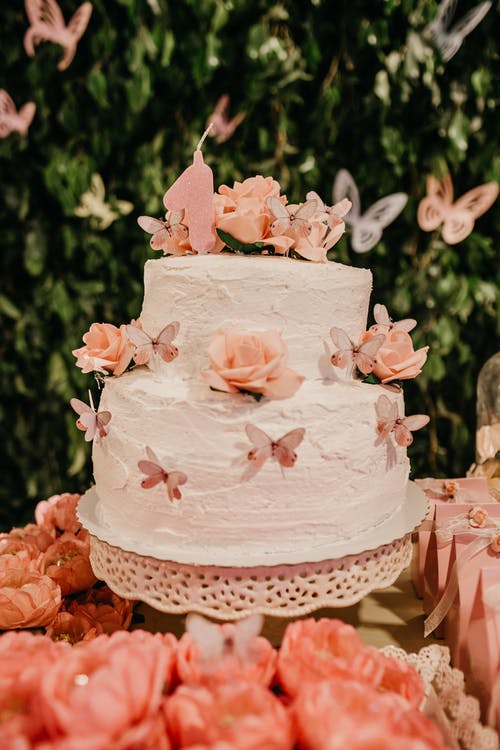 two tier butterfly cake with pink flowers